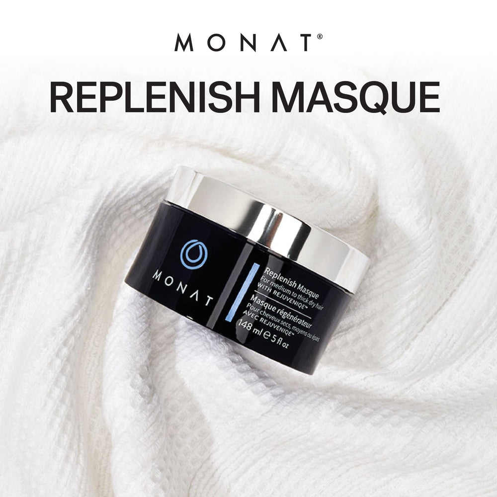 MONAT Replenish Masque application on hair illustrating smoothing effect
