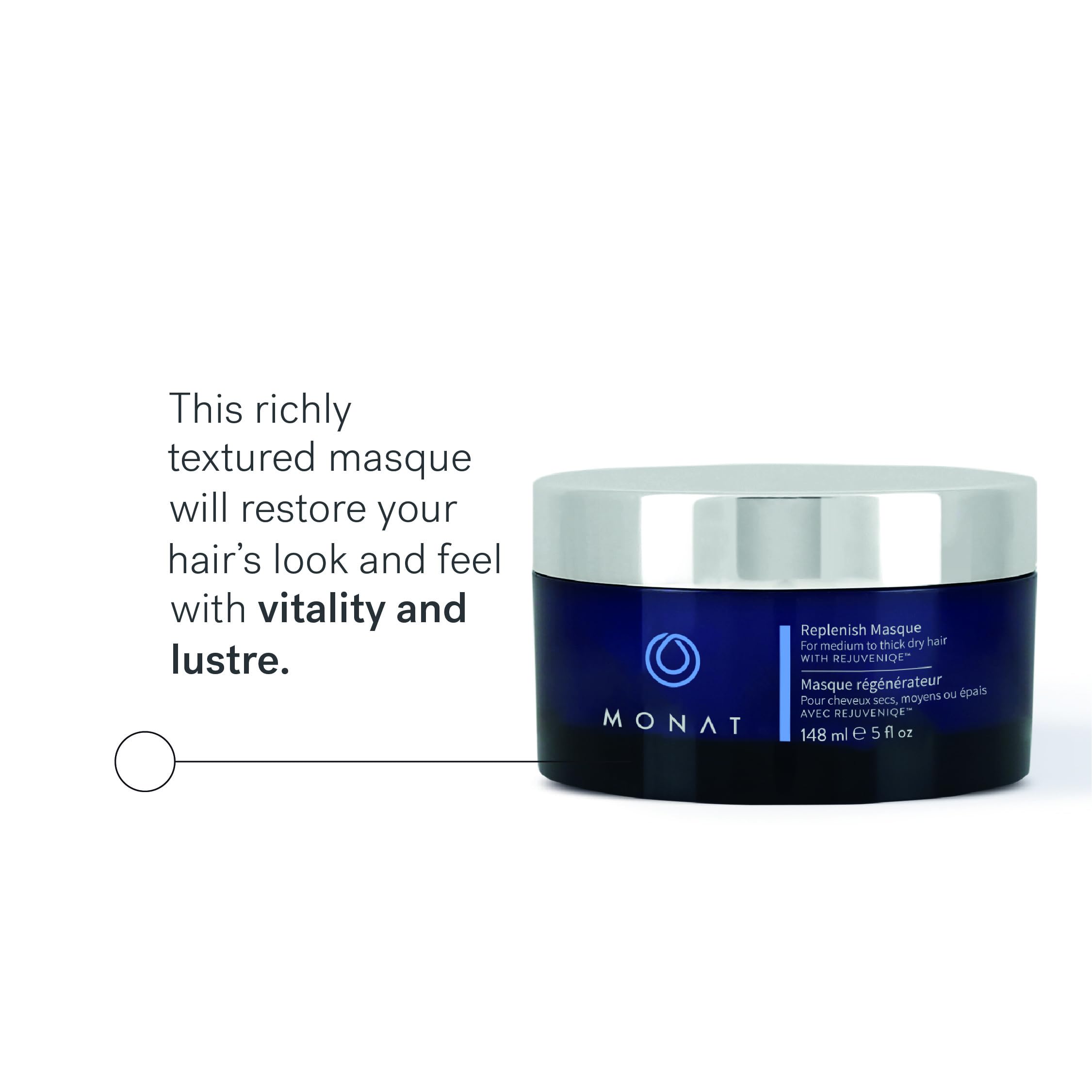 MONAT Replenish Masque vegan UV protectant label emphasizing environmental shield