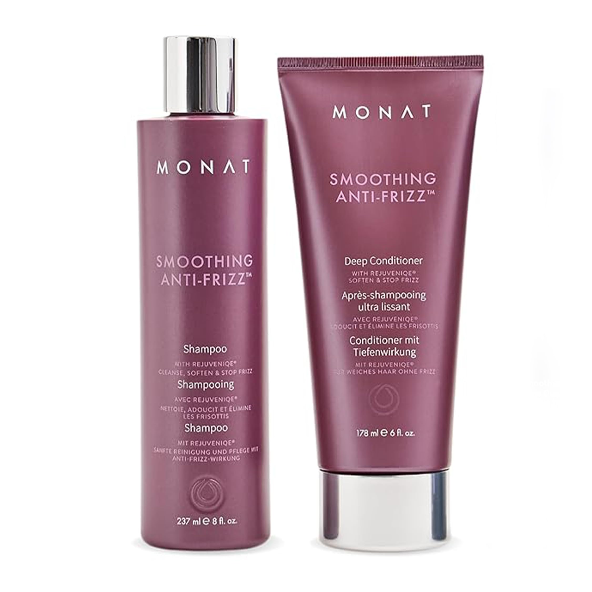 MONAT Smoothing Anti-Frizz Set shampoo bottle delivers weightless cleansing with frizz-control benefits