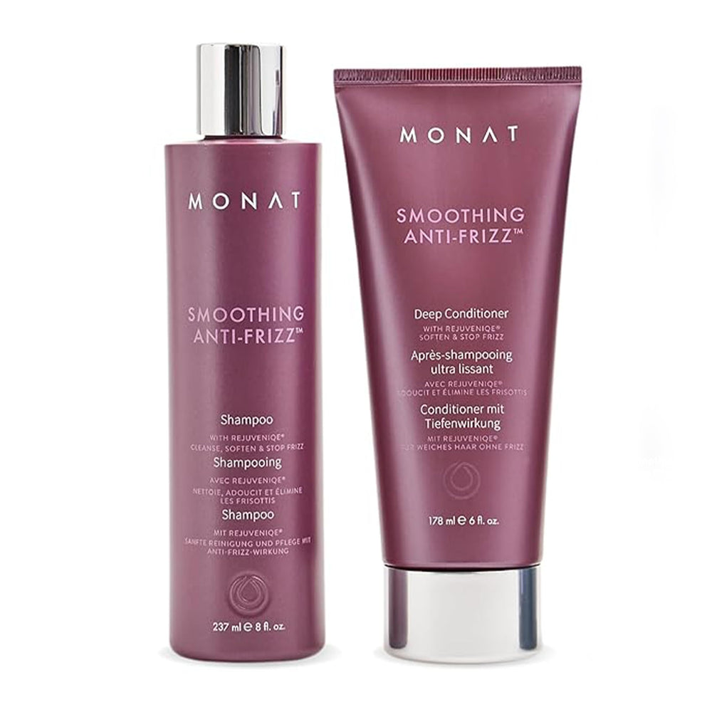 MONAT Smoothing Anti-Frizz Set shampoo bottle delivers weightless cleansing with frizz-control benefits