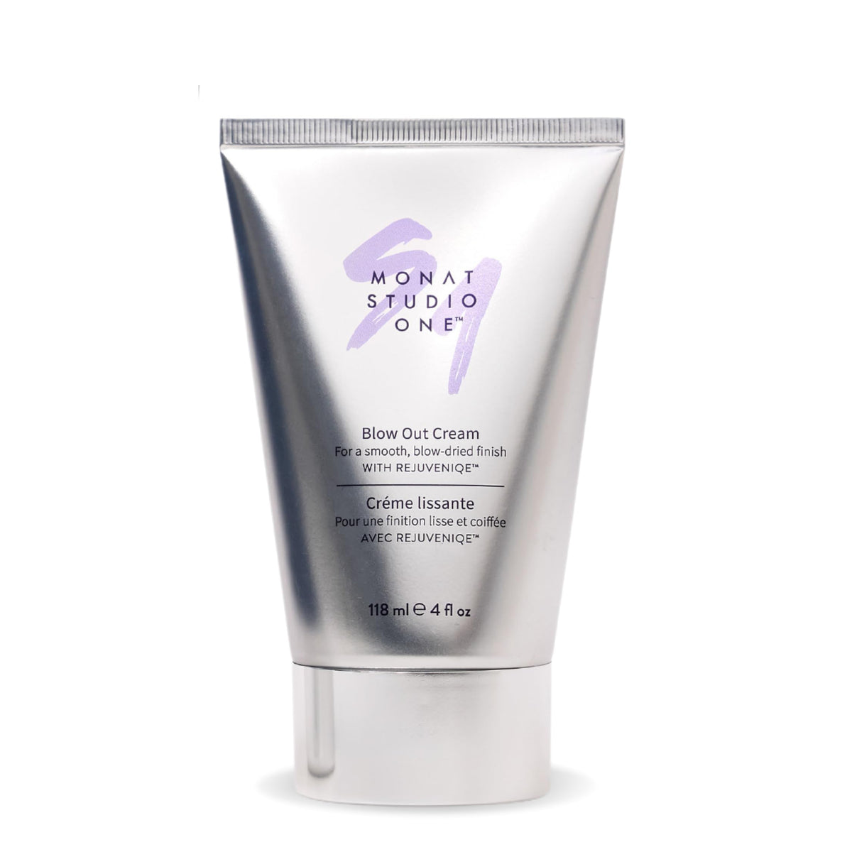 MONAT Studio One Blow Out Cream bottle boosts frizz control for sleek hair.