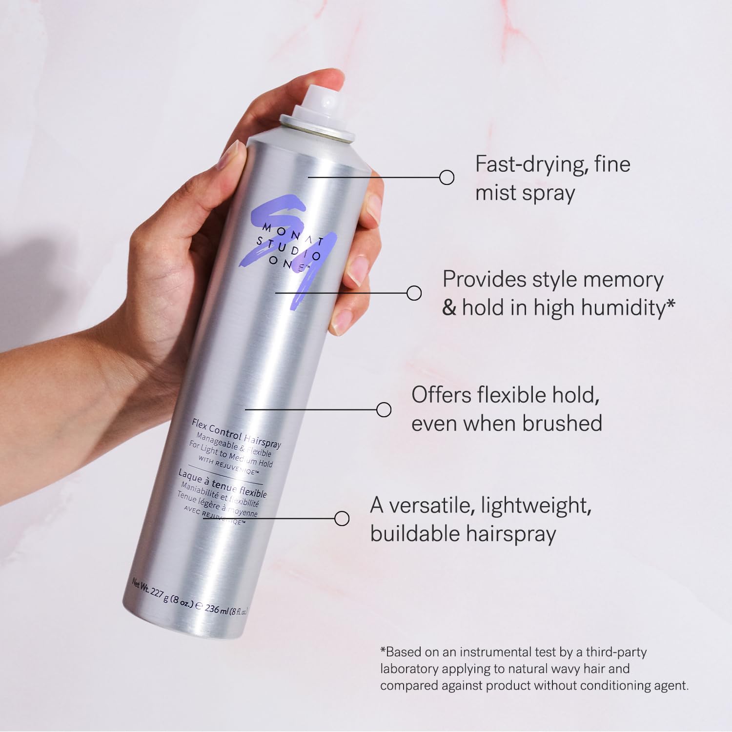 MONAT Studio One Flex Control hairspray closeup highlights REJUVENIQE infusion for conditioned-looking hold.