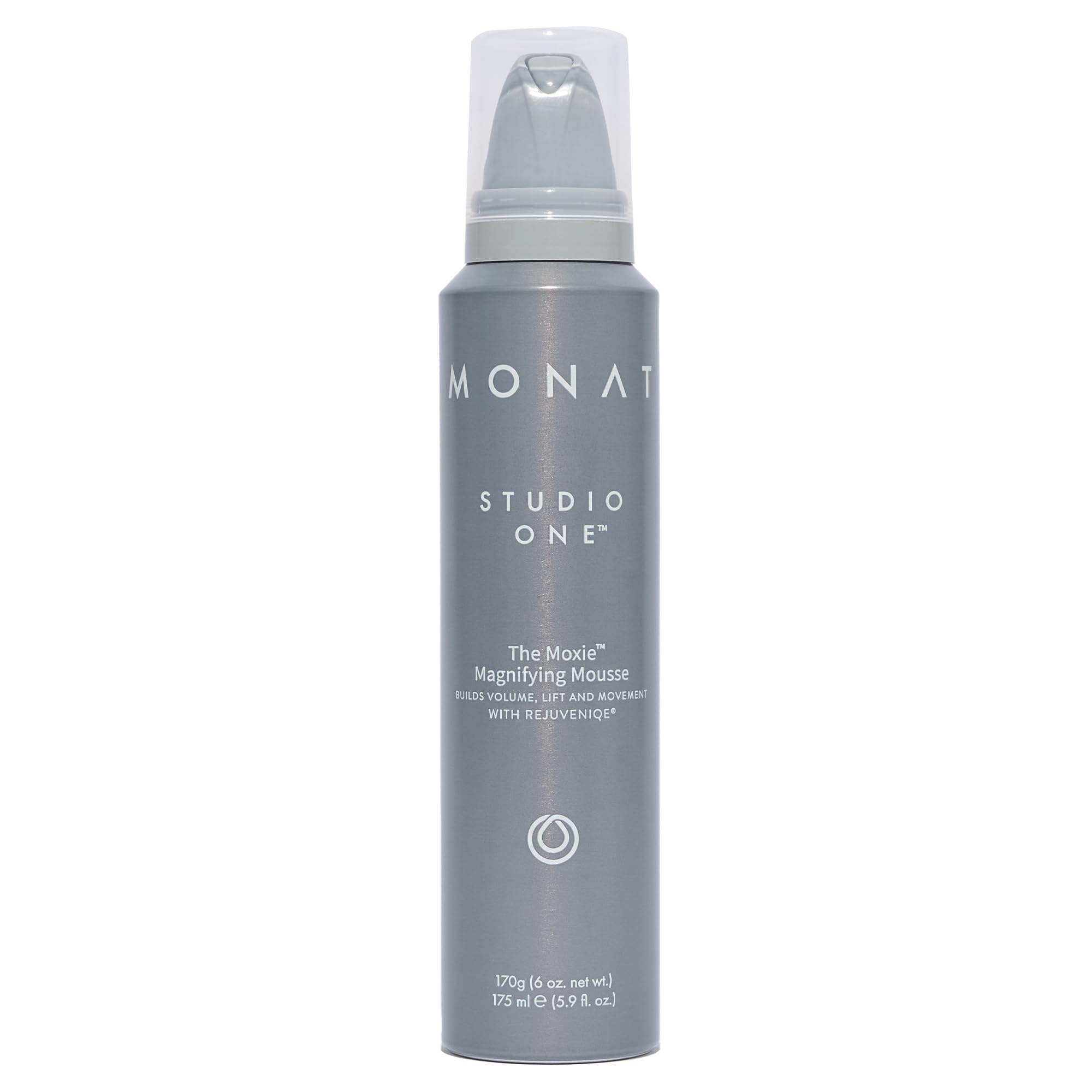 MONAT The Moxie Magnifying Mousse bottle closeup showing lightweight volume potential