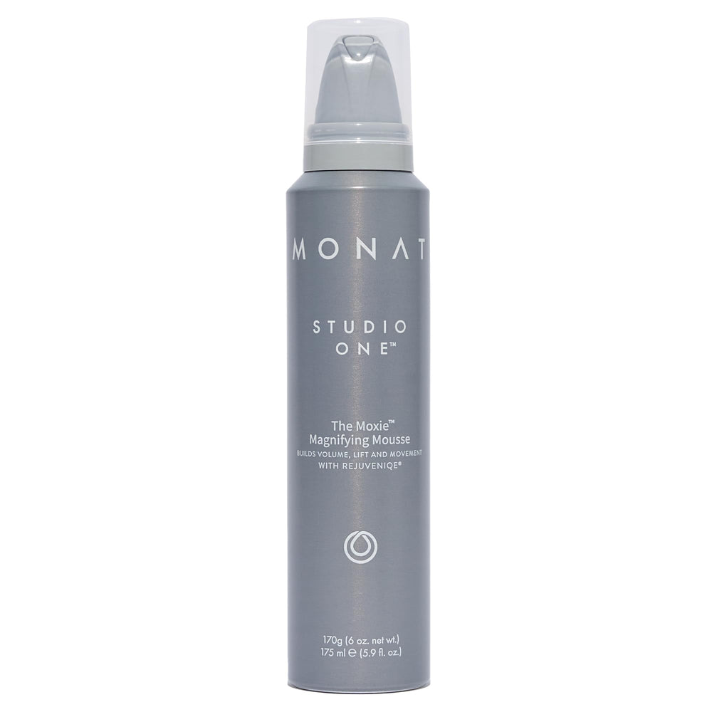 MONAT The Moxie Magnifying Mousse bottle closeup showing lightweight volume potential