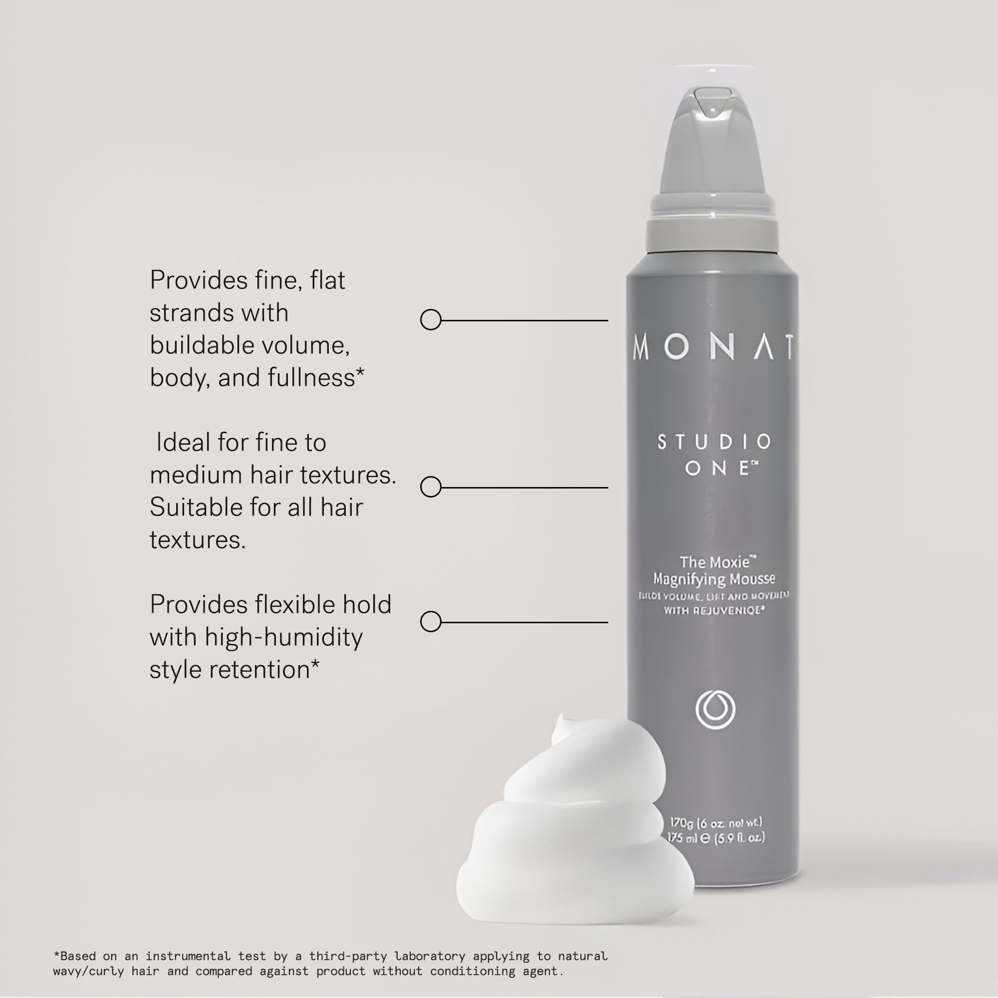 MONAT The Moxie Magnifying Mousse swirled into hair to reduce frizz and boost fullness