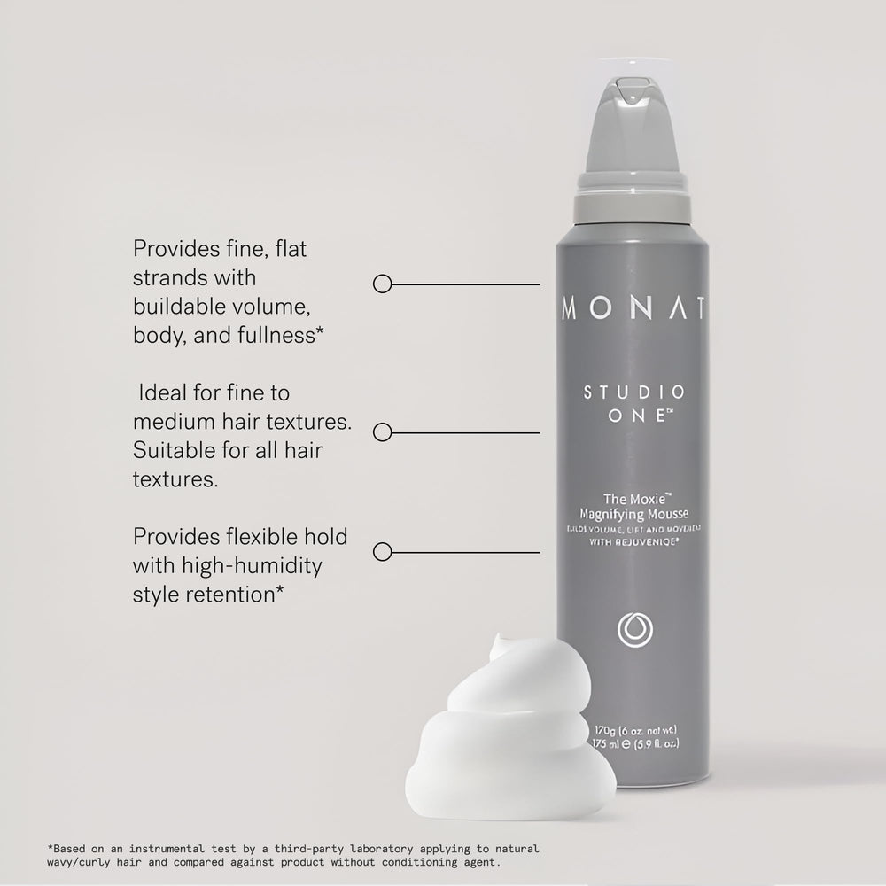 MONAT The Moxie Magnifying Mousse swirled into hair to reduce frizz and boost fullness