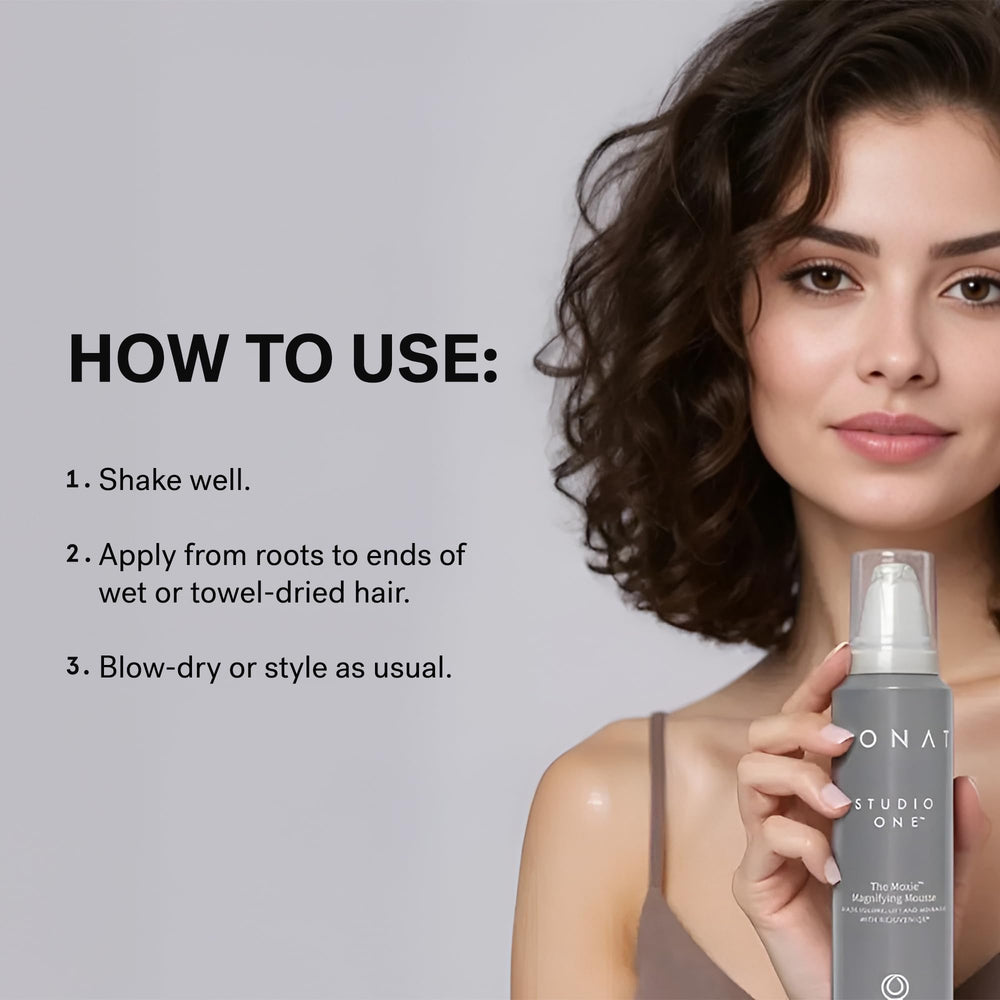 MONAT The Moxie Magnifying Mousse finished style with voluminous, touchable hold