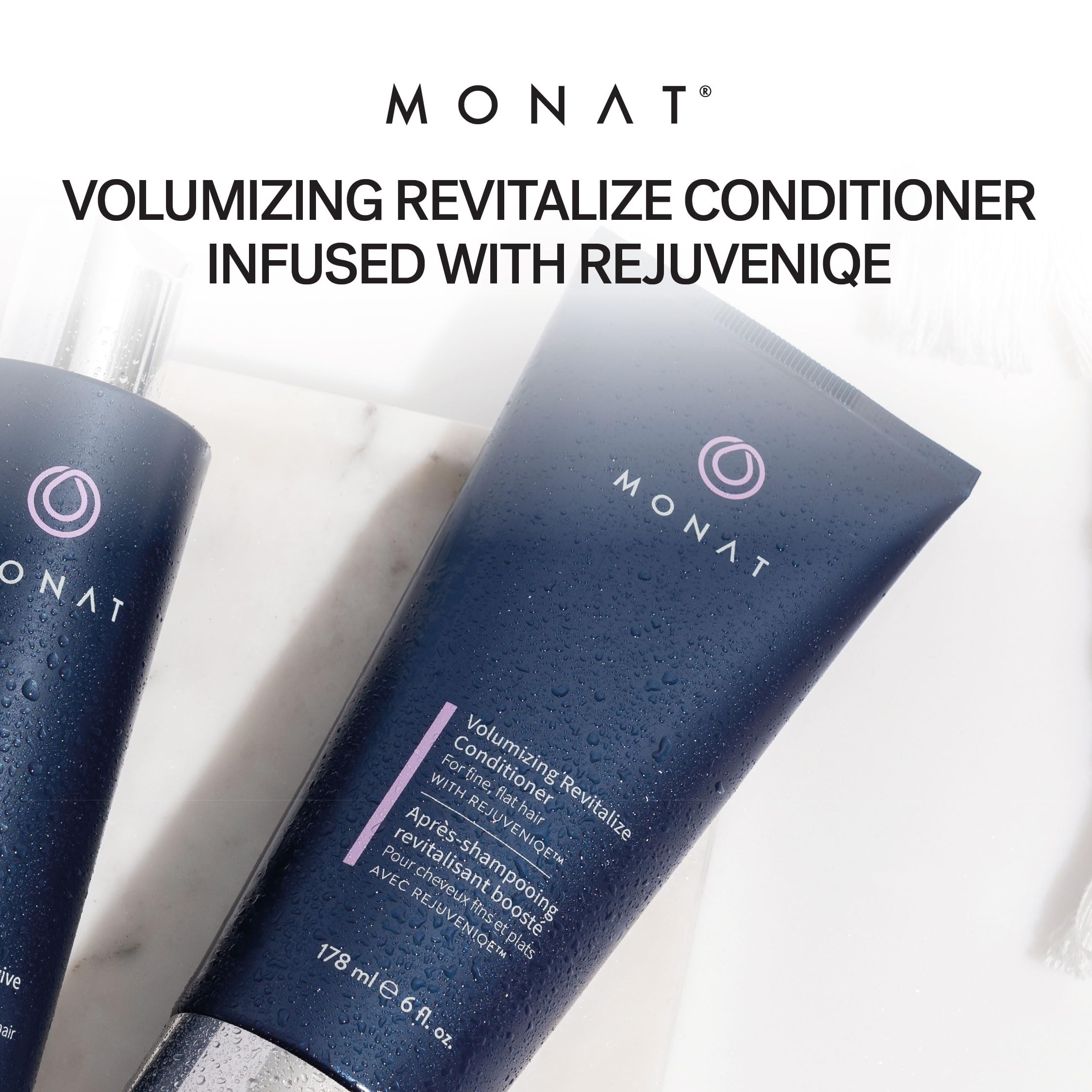 MONAT Volumizing Revitalize Conditioner texture close-up reveals creamy non-weighting formula