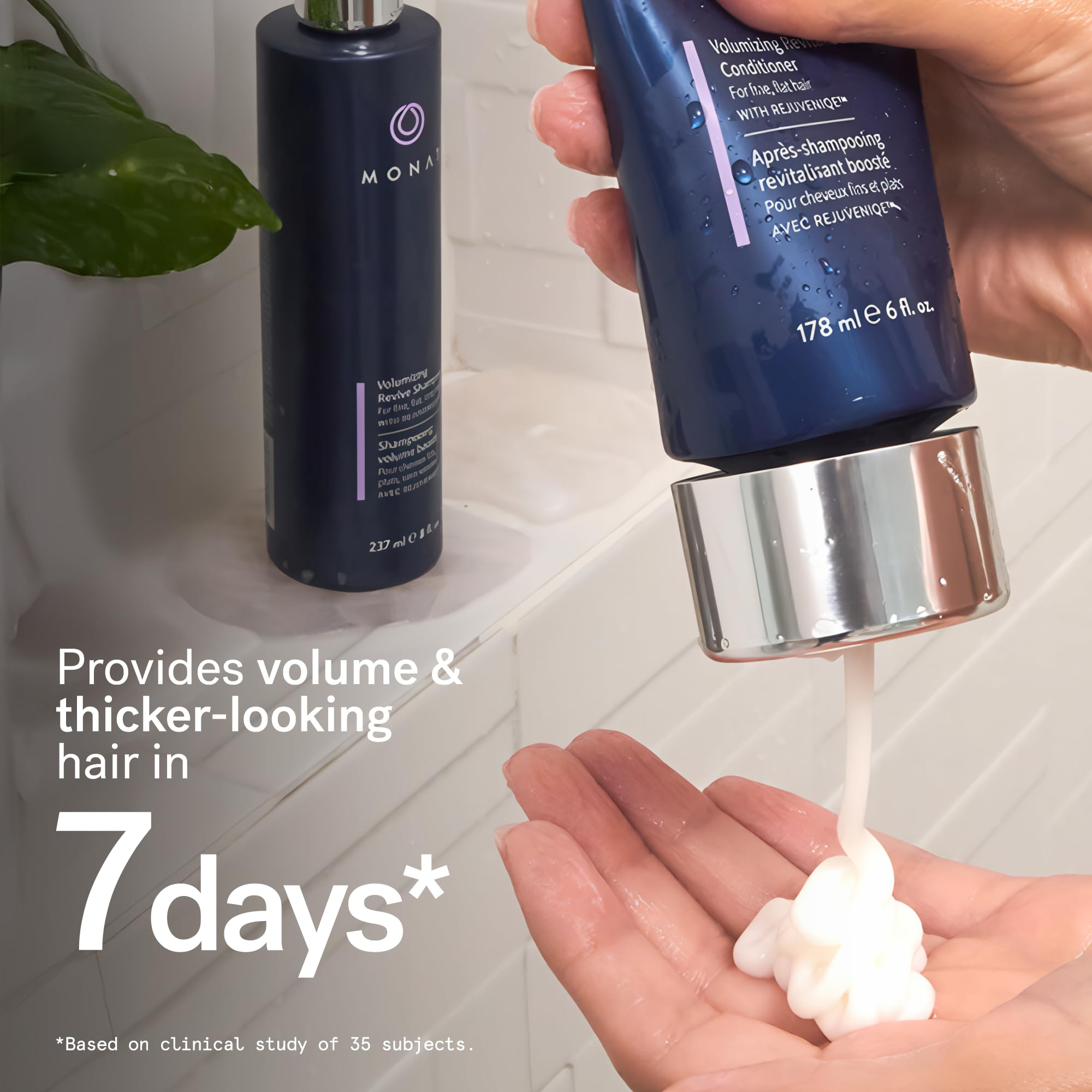 MONAT Volumizing Shampoo lather close-up showing refreshing cleanse and airy roots.