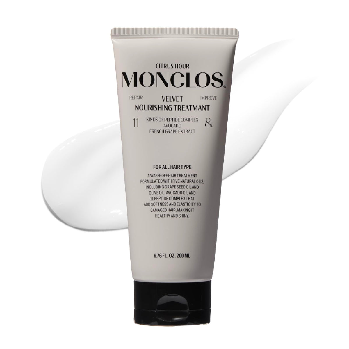 MONCLOS Velvet Hair Treatment bottle-front delivers quick nourishment for dry, frizzy hair