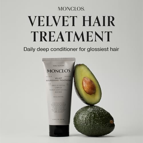 MONCLOS Velvet Hair Treatment bottle-pour shows lightweight application for daily use