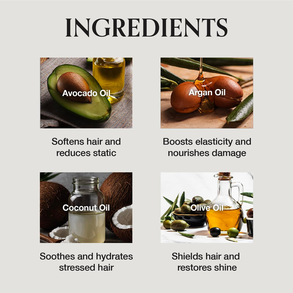 MONCLOS Velvet Hair Treatment-ingredients-avocado-argan-coconut shows botanical oils uplifting elasticity