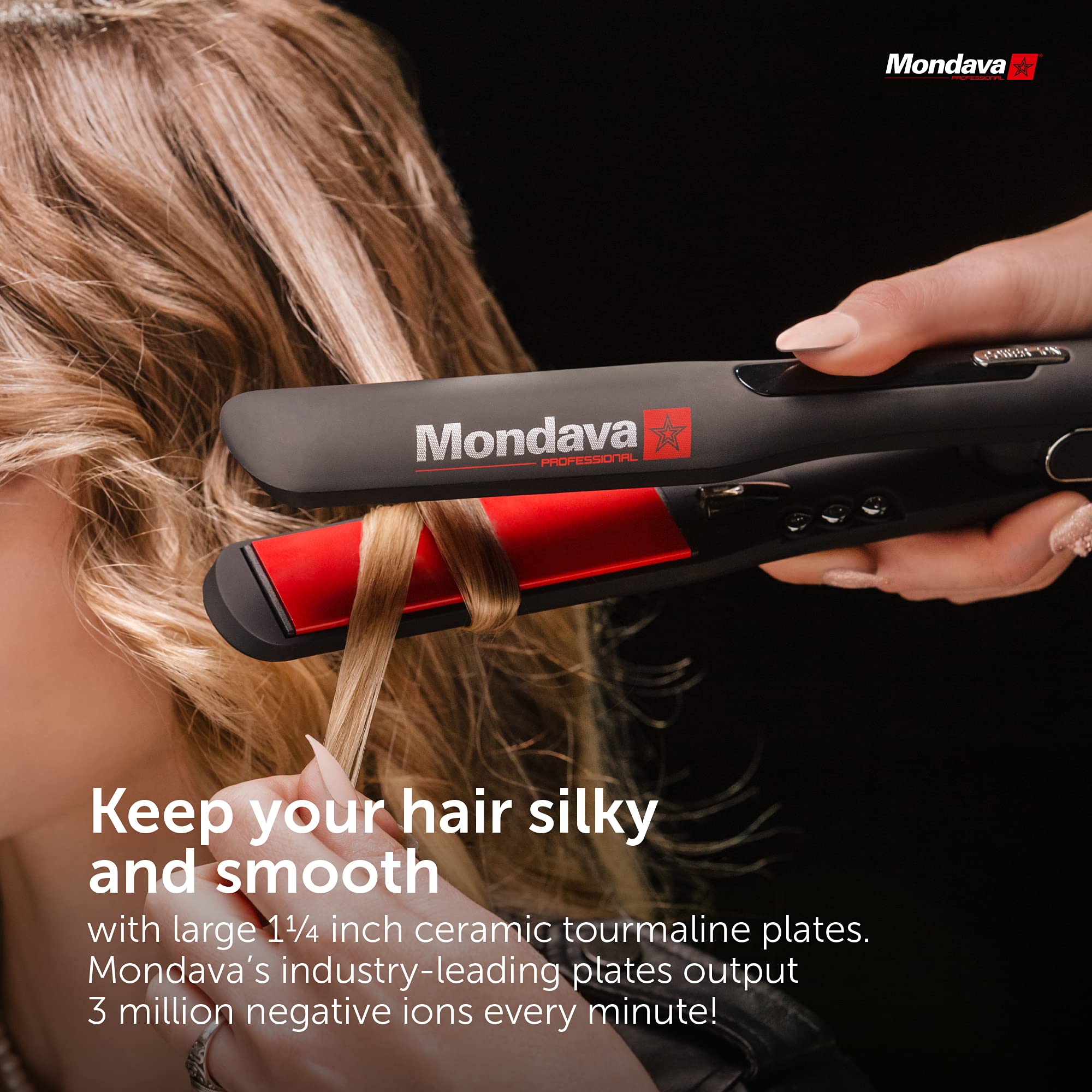 Mondava Professional flat iron digital temperature display close-up for precise styling.