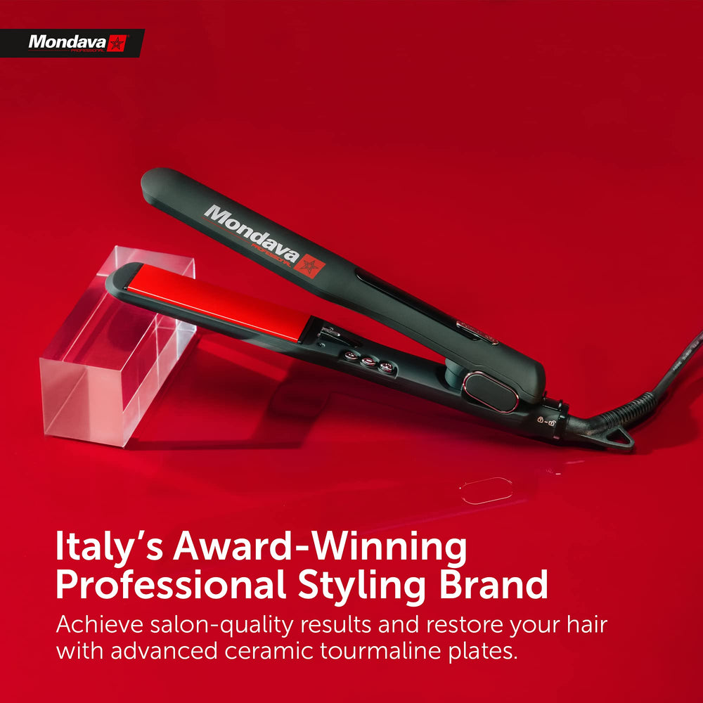 Mondava Professional flat iron dual voltage adapter image emphasizing travel-friendly power options.