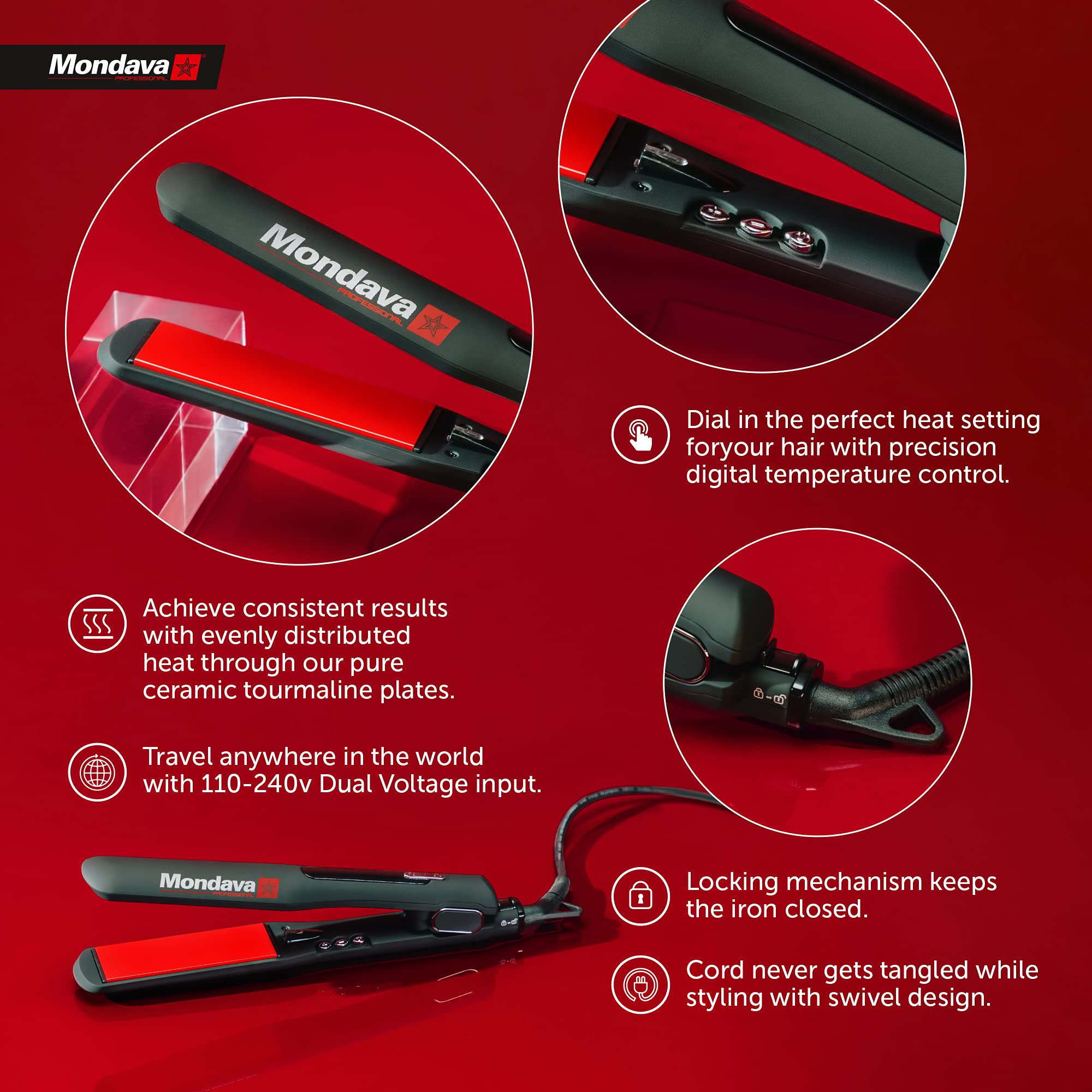 Mondava Professional flat iron travel kit components laid out with cord-management strap.