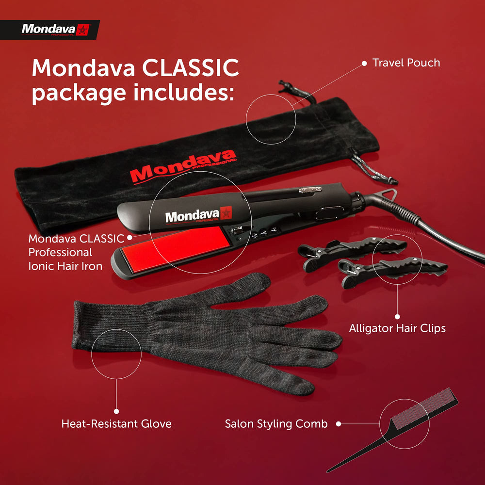 Mondava Professional flat iron with included kit photograph featuring glove and pouch.