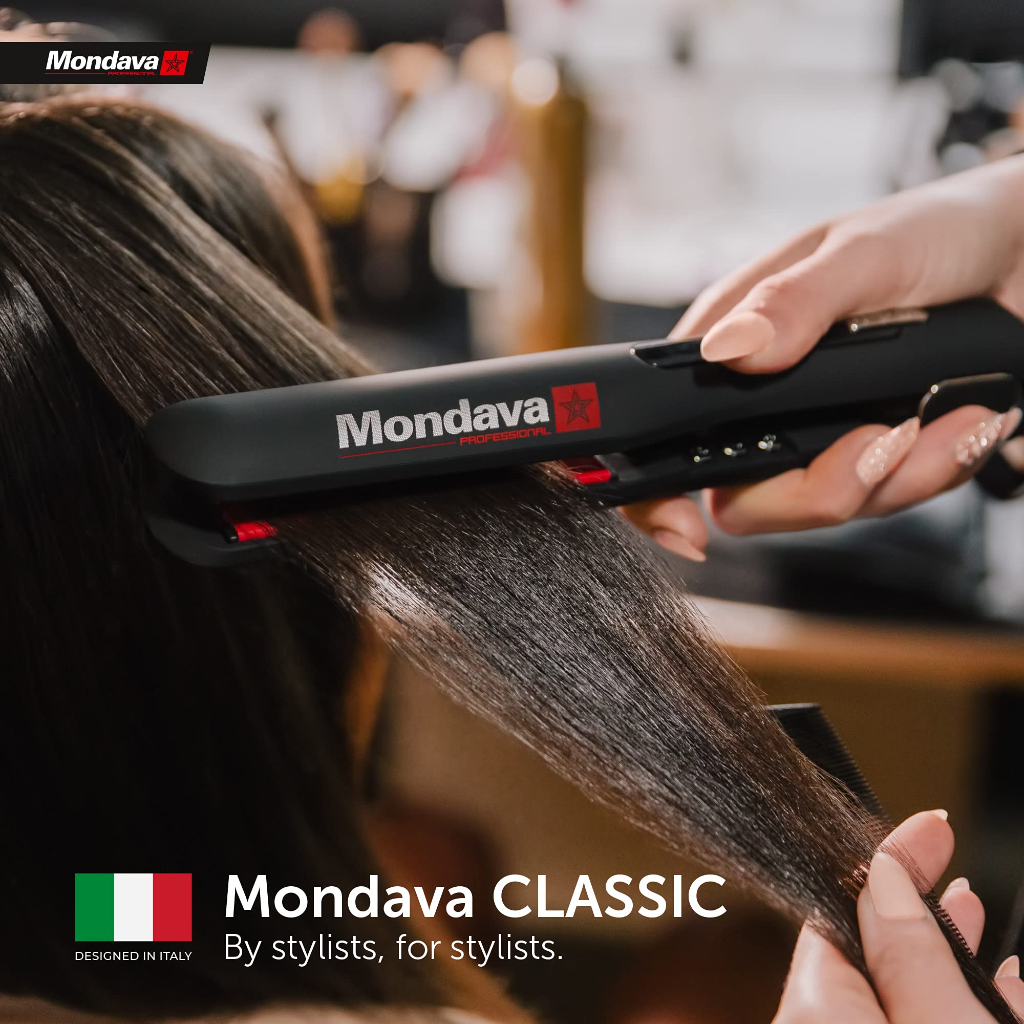 Mondava Professional flat iron ion smoothing close-up illustrating frizz reduction.