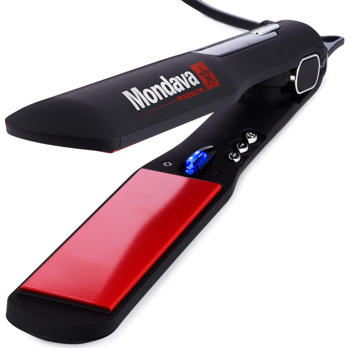 Mondava Professional flat iron plate close-up showing ceramic tourmaline surface for silky glide.