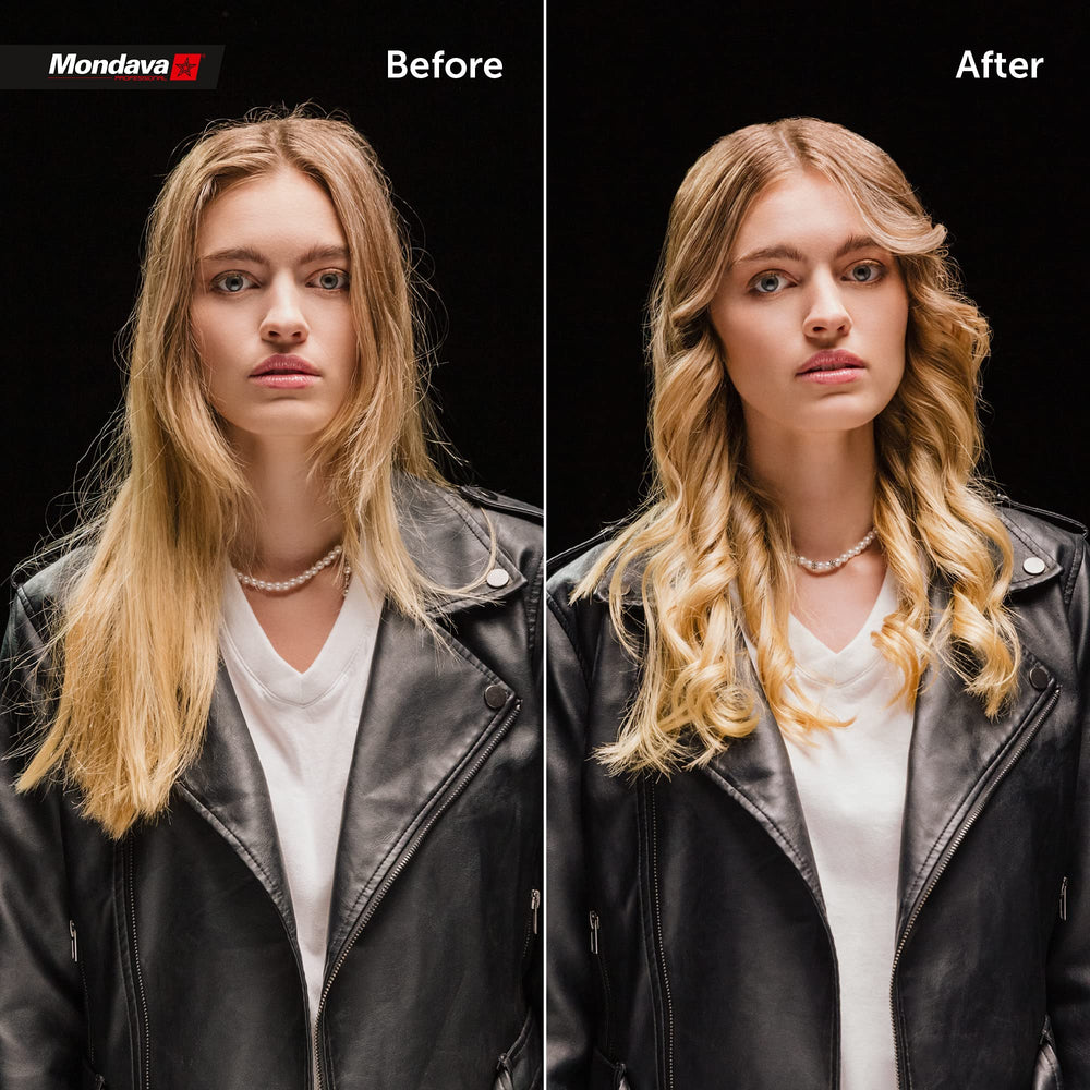 Mondava Professional flat iron straight hair result over-shoulder showcase highlighting sleek shine.