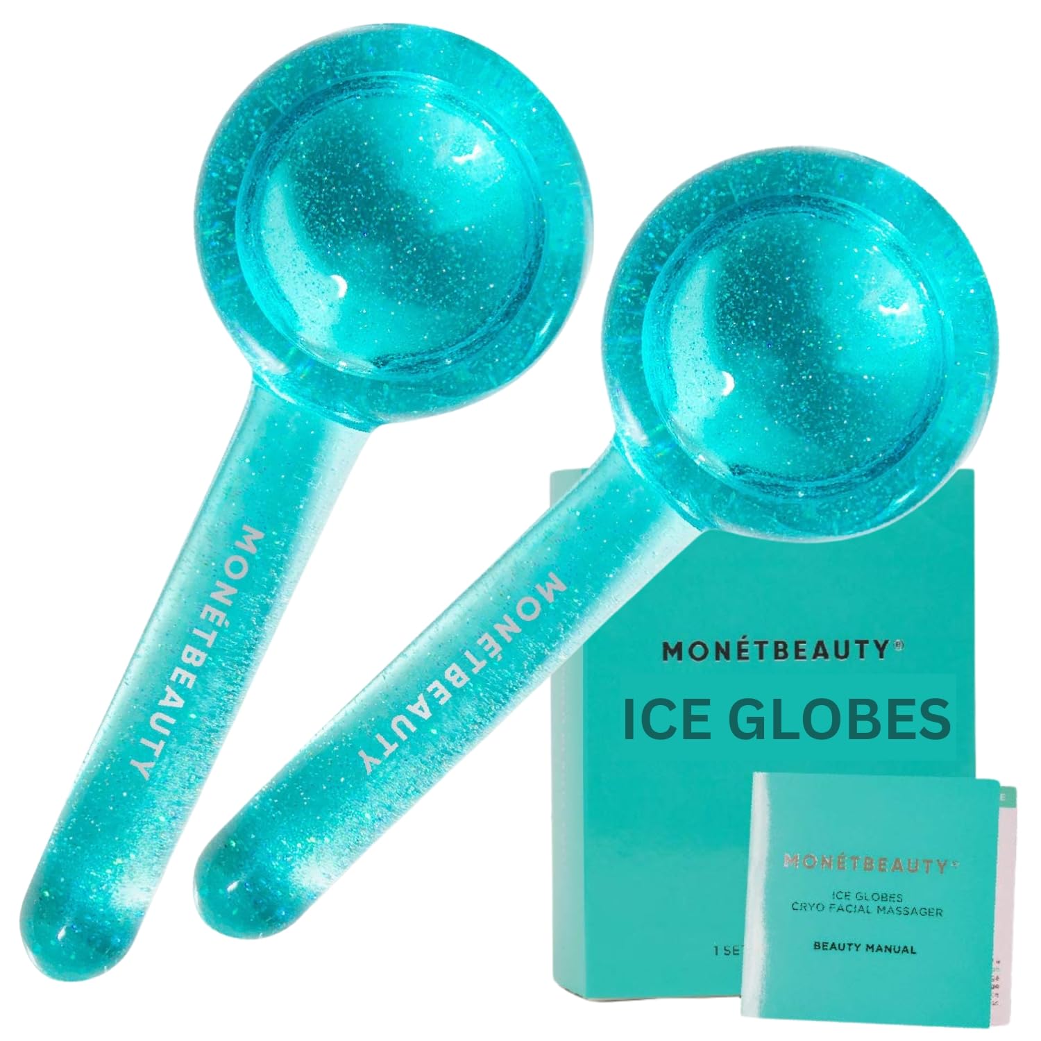 MonétBeauty Ice Globes for Face close-up showing the cooling glide for depuffing and glow