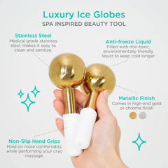 MonétBeauty ice globes gold in hand for soothing lymphatic massage