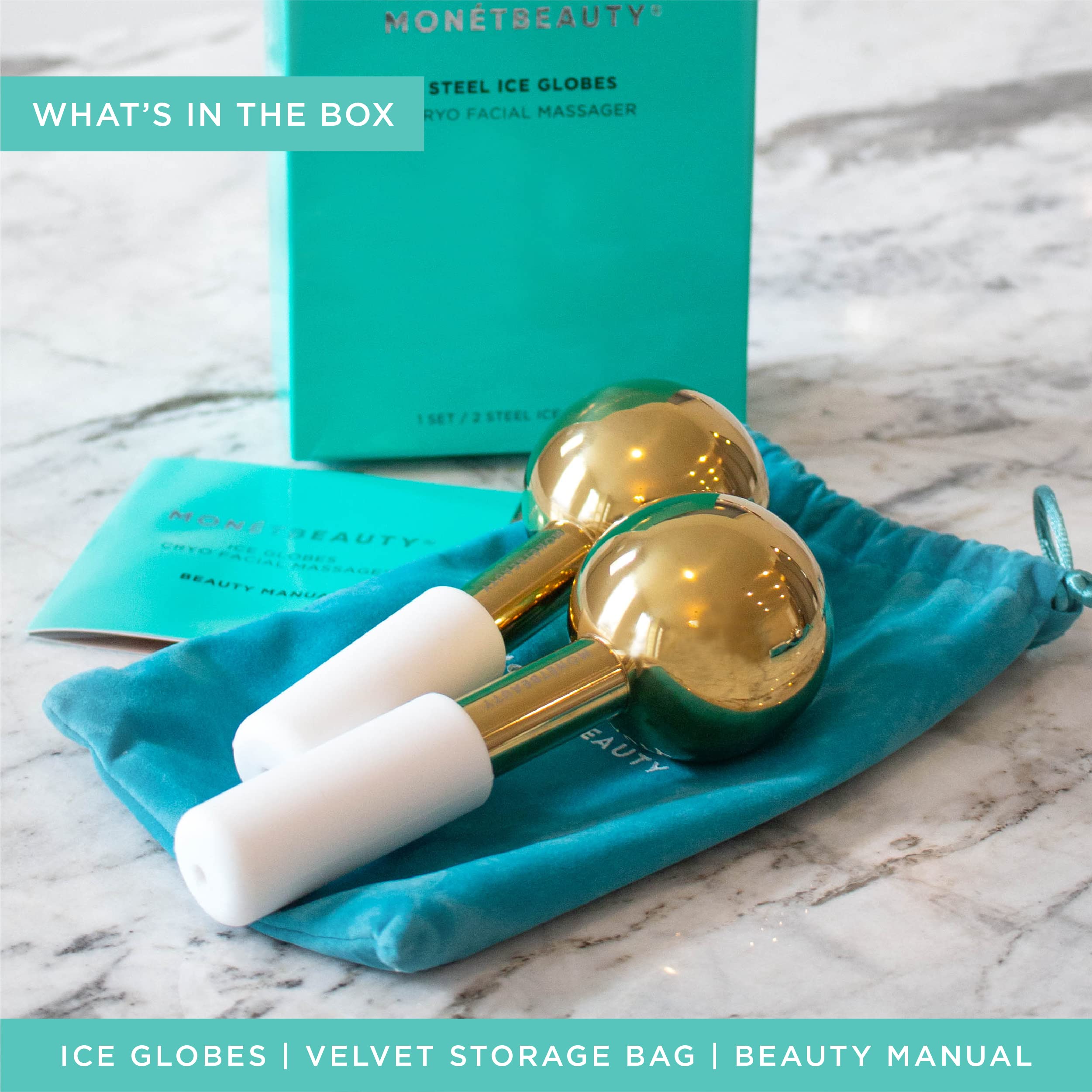 MonétBeauty liquid-filled gold cryo globes for cooling facial therapy