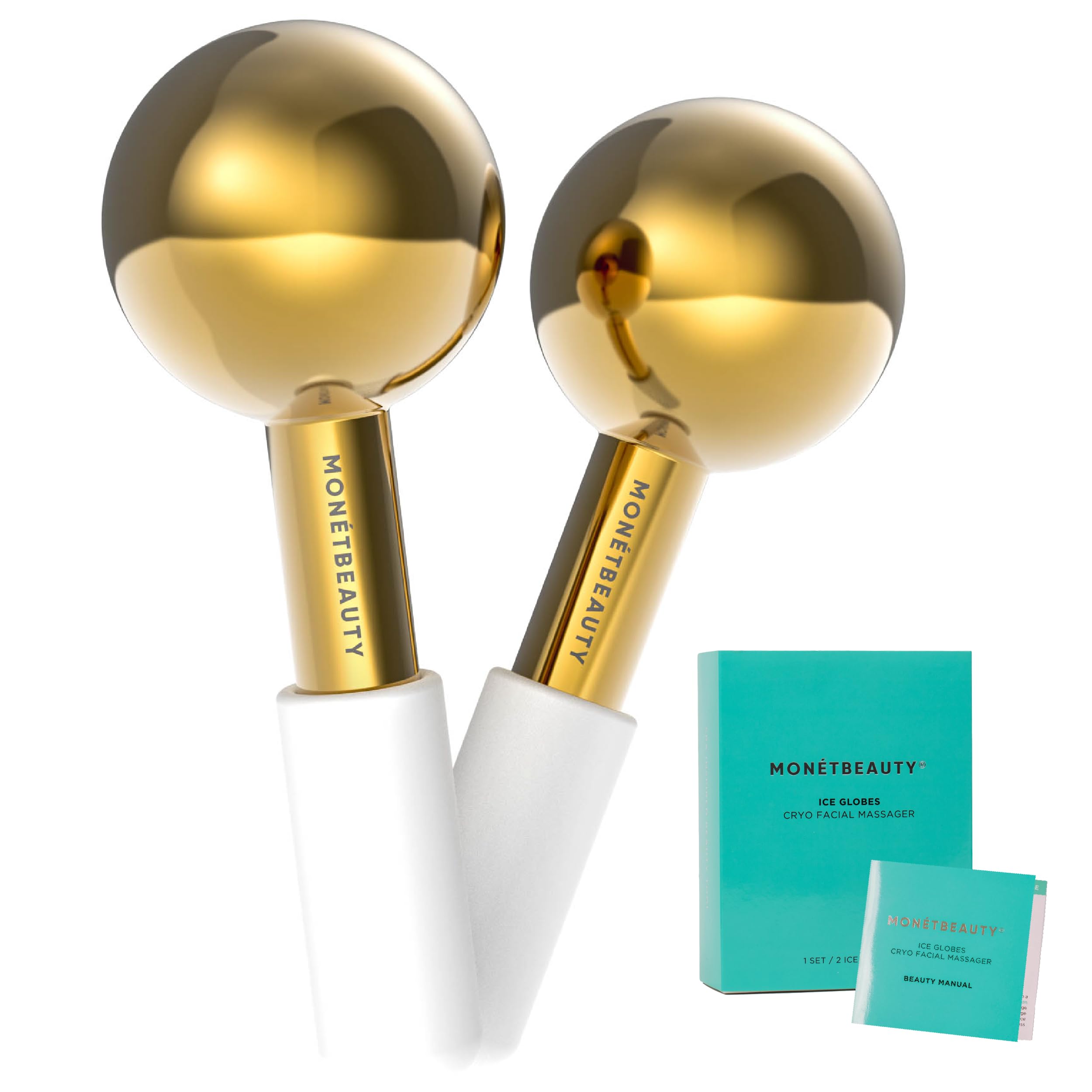 MonétBeauty stainless steel ice globes gold closeup for cooling facial relief