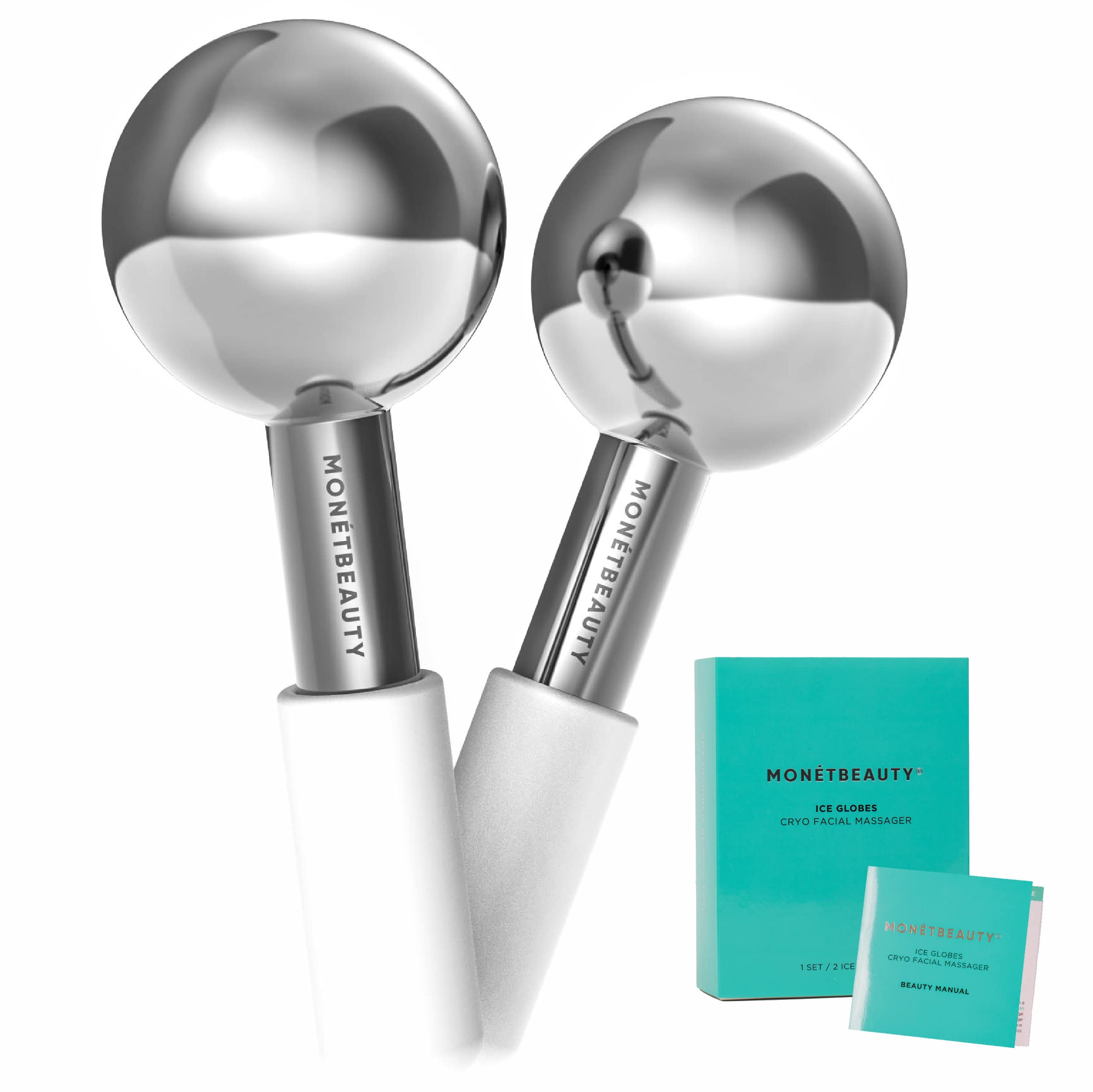 MonétBeauty stainless steel ice globes silver closeup for cooling facial relief and pore tightening