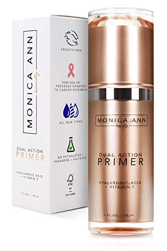 Monica Ann Beauty Dual-Action Face Primer bottle with translucent matte finish for smoother skin.
