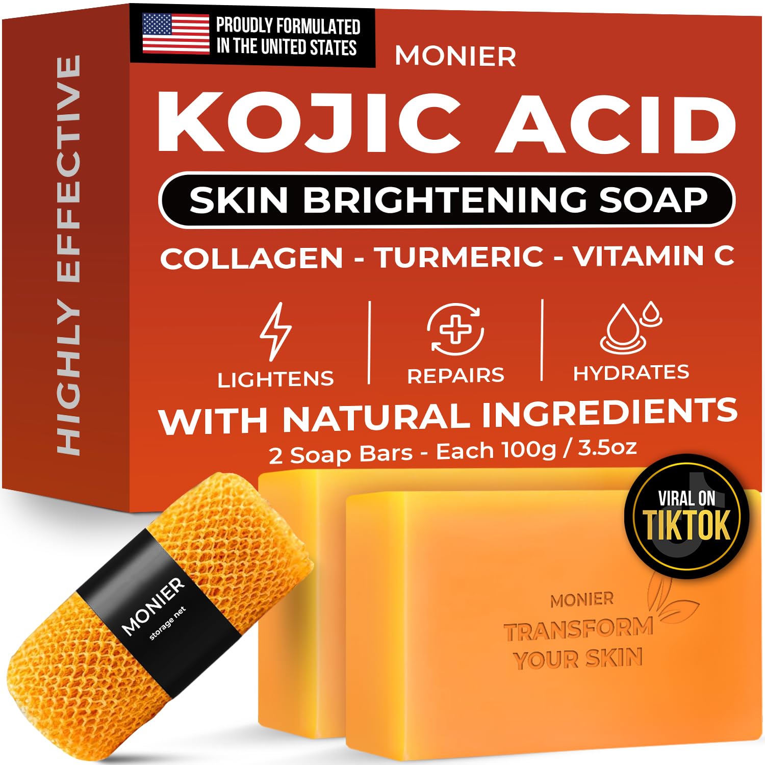 MONIER Kojic Acid Soap packaging closeup highlighting the Original Japanese Complex for brightening.