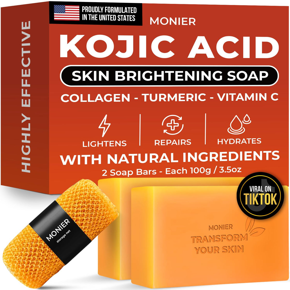 MONIER Kojic Acid Soap packaging closeup highlighting the Original Japanese Complex for brightening.