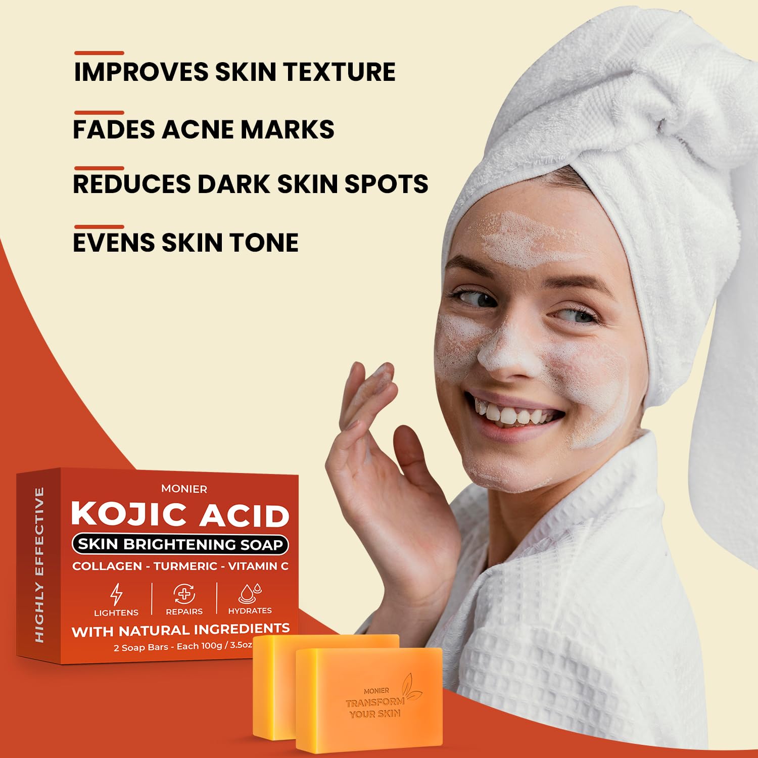 MONIER Kojic Acid Soap solid bar ready for daily use on face and body.