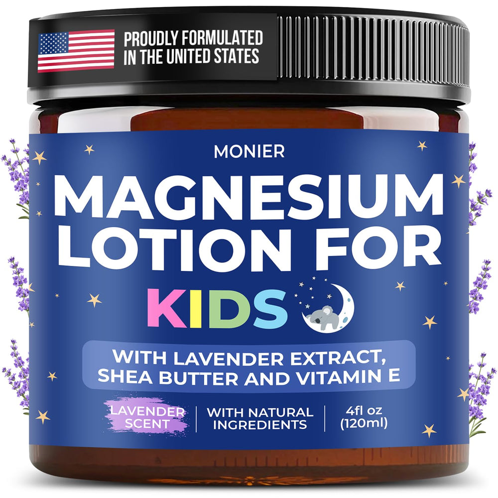 MONIER magnesium lotion for kids bottle shows gentle bedtime routine.