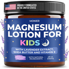MONIER magnesium lotion for kids bottle shows gentle bedtime routine.