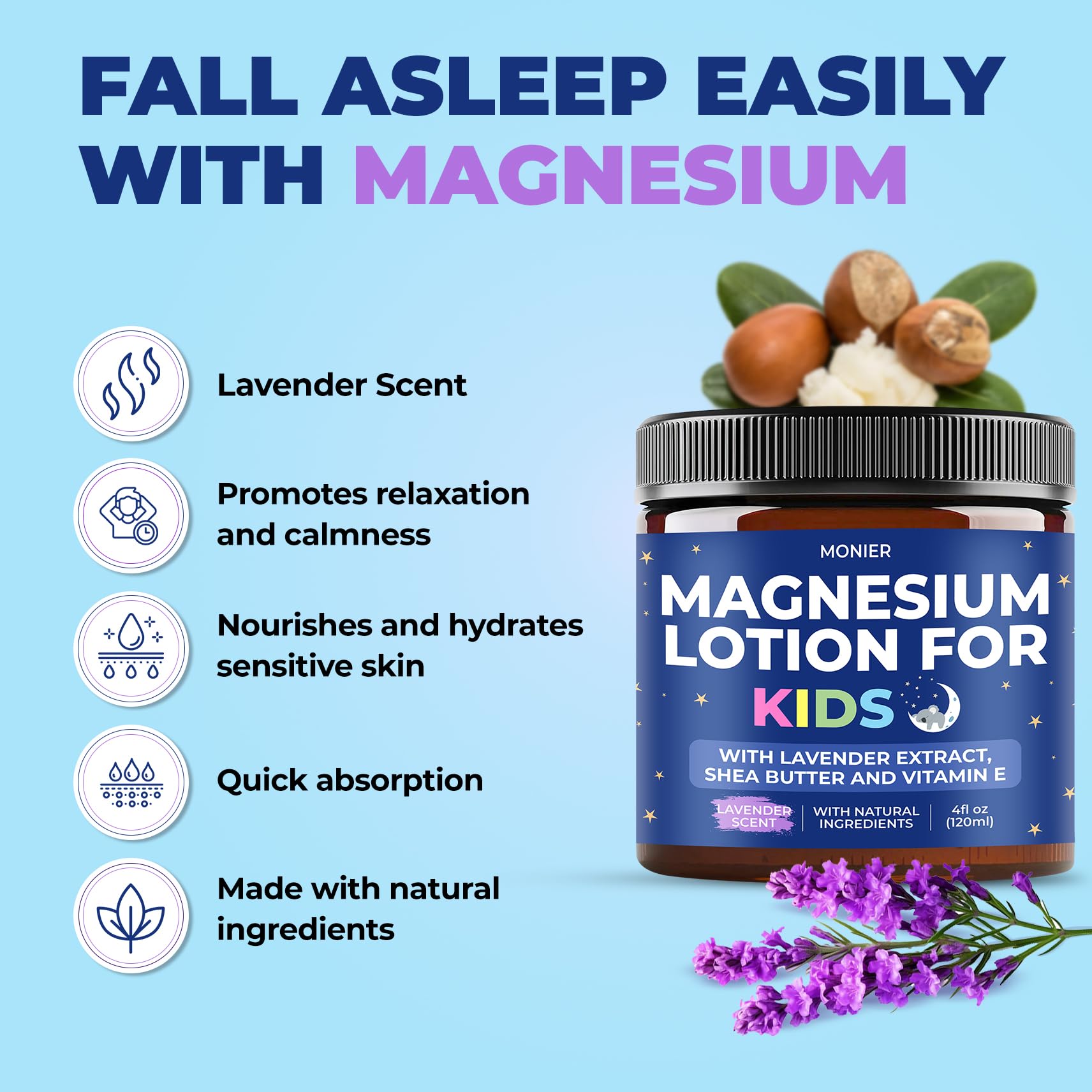 MONIER magnesium lotion kids closeup reveals smooth easy-apply cream texture after bath.