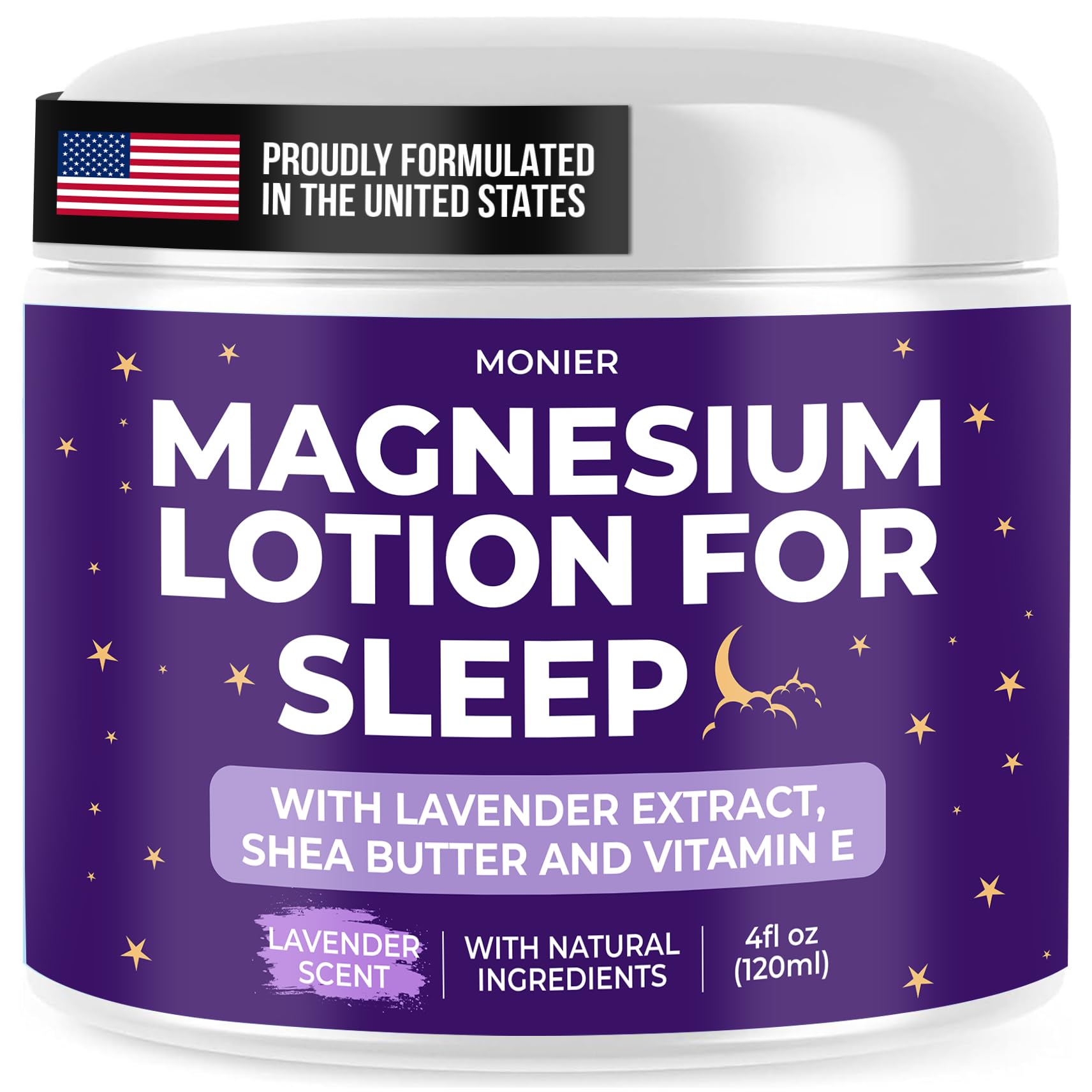 MONIER Magnesium Lotion for Sleep bottle with lavender aroma for nighttime relaxation.