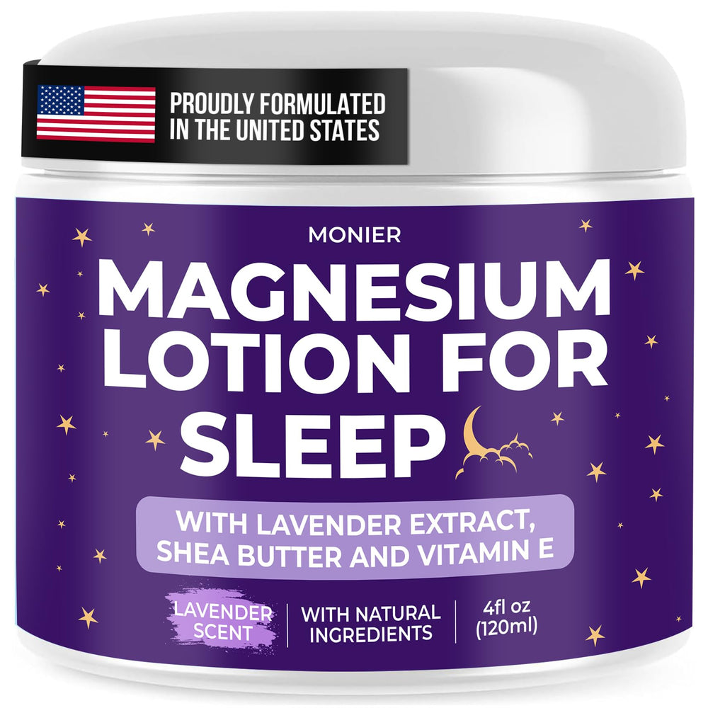 MONIER Magnesium Lotion for Sleep bottle with lavender aroma for nighttime relaxation.