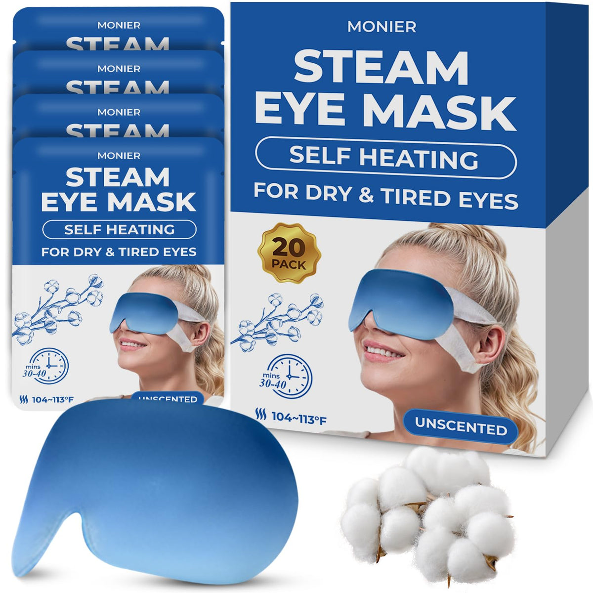 MONIER steam eye mask pack open showcases convenient self-heating eye care for relaxation.