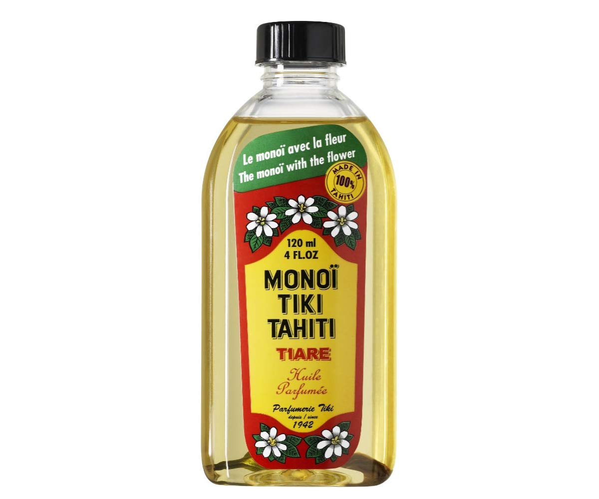 Monoi Tiare Tahiti coconut oil bottle 4oz provides lightweight skin and hair moisture.