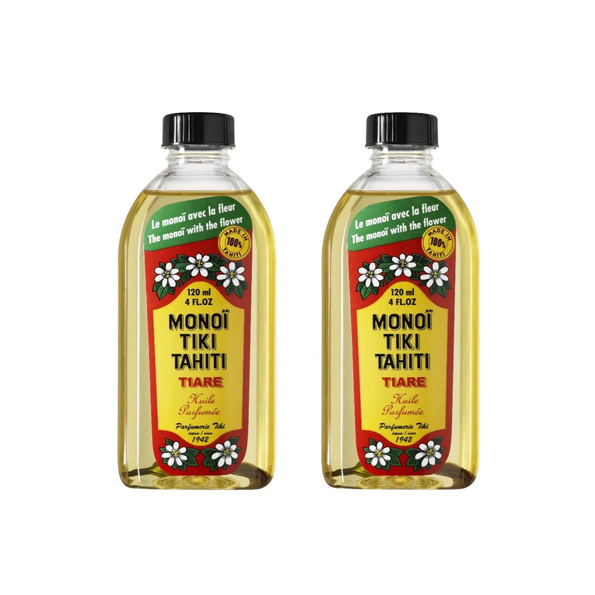 Monoi Tiki Tahiti bottle pour shows hydrating coconut oil for skin and hair.
