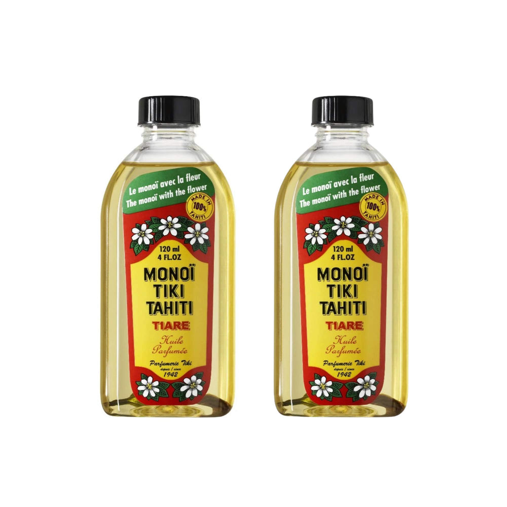 Monoi Tiki Tahiti bottle pour shows hydrating coconut oil for skin and hair.