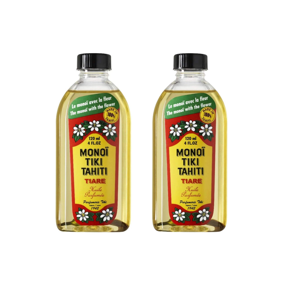 Monoi Tiki Tahiti bottle pour shows hydrating coconut oil for skin and hair.