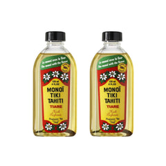 Monoi Tiki Tahiti bottle pour shows hydrating coconut oil for skin and hair.