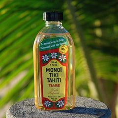 Monoi Tiki Tahiti skin and hair application demonstrates easy multi-use oil.