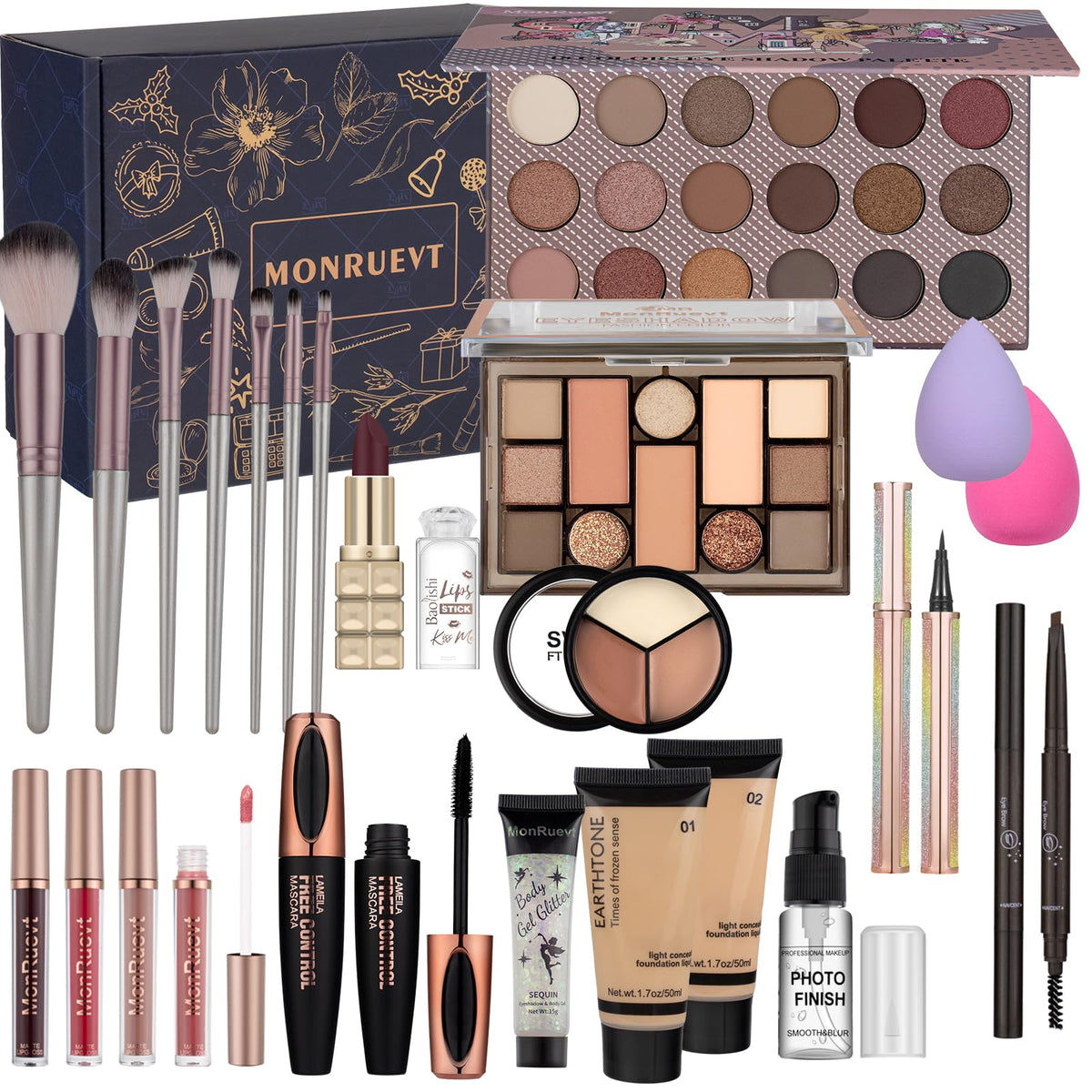 MONRUEVT makeup kit eyeshadow palettes with a wide color range for versatile looks.
