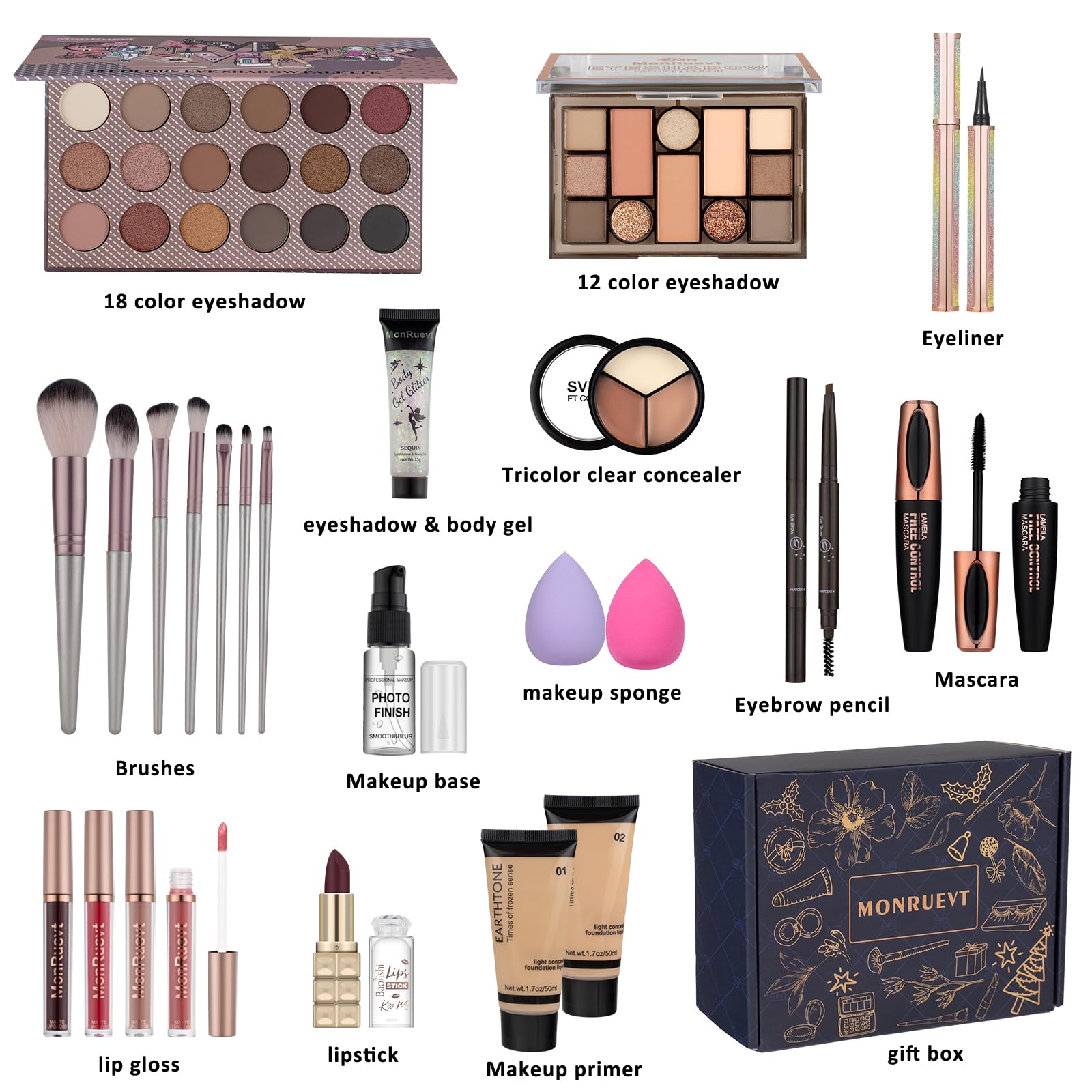 MONRUEVT makeup kit foundation and concealer set provides smooth coverage and blending.