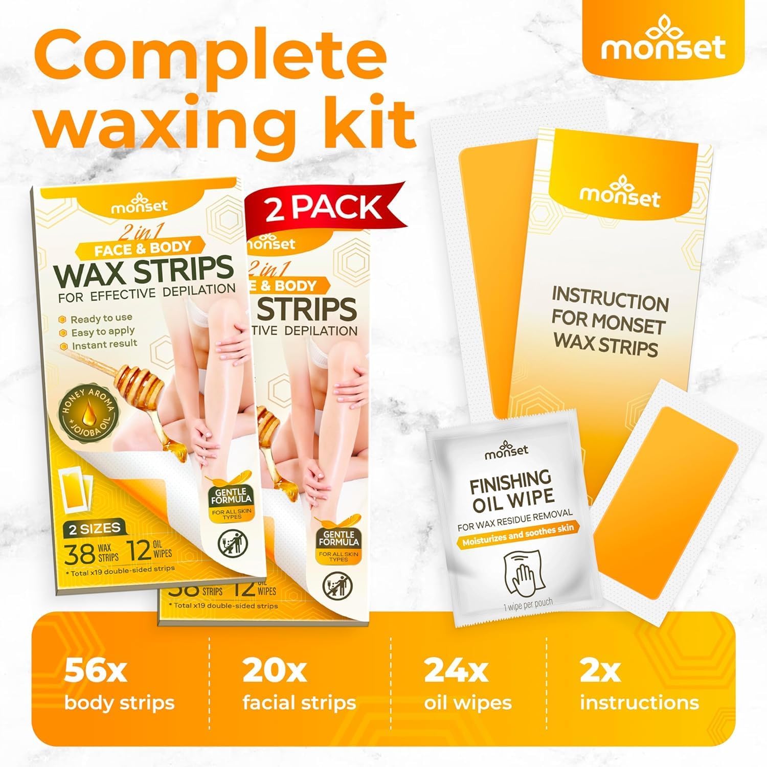 MONSET Wax Strips soft non-woven sheets with Beeswax and Jojoba oil for gentle depilation.