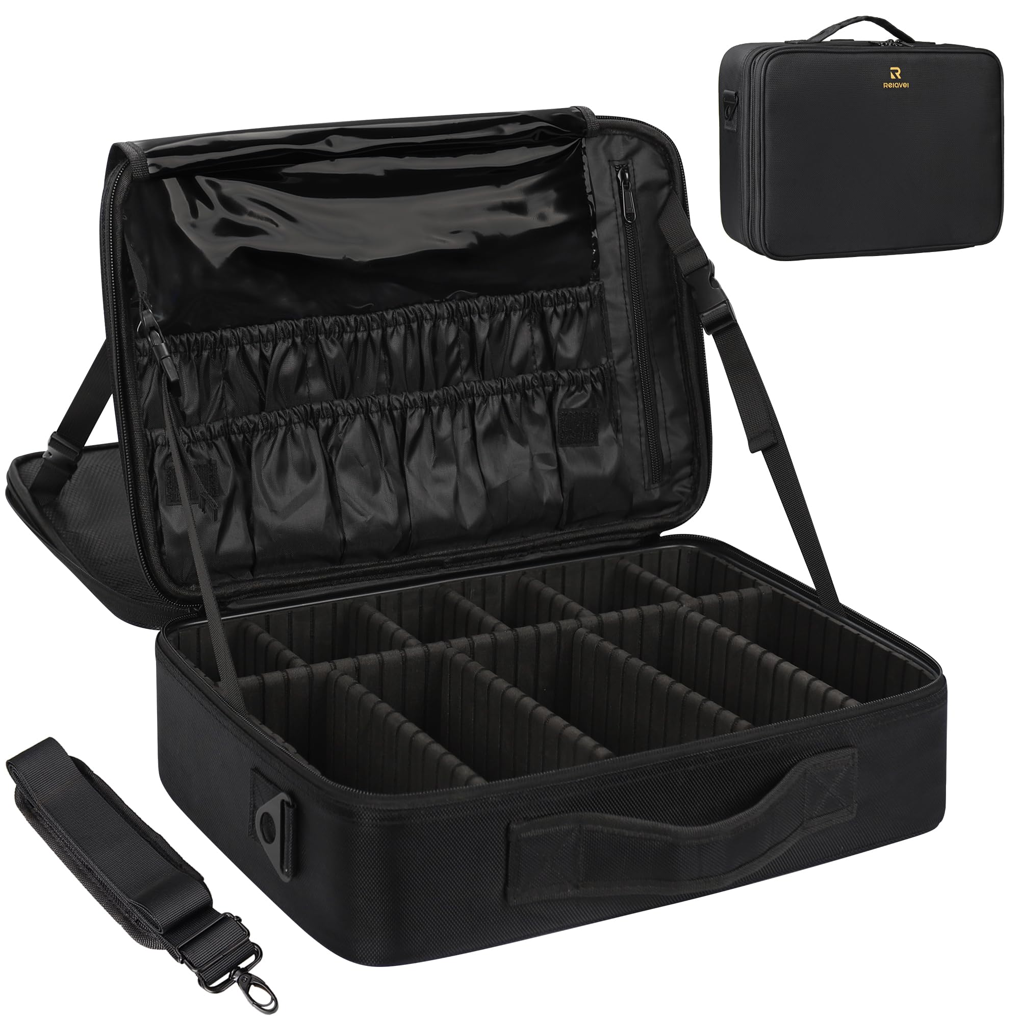 MONSTINA large capacity makeup case top view showing expansive storage for tools and cosmetics