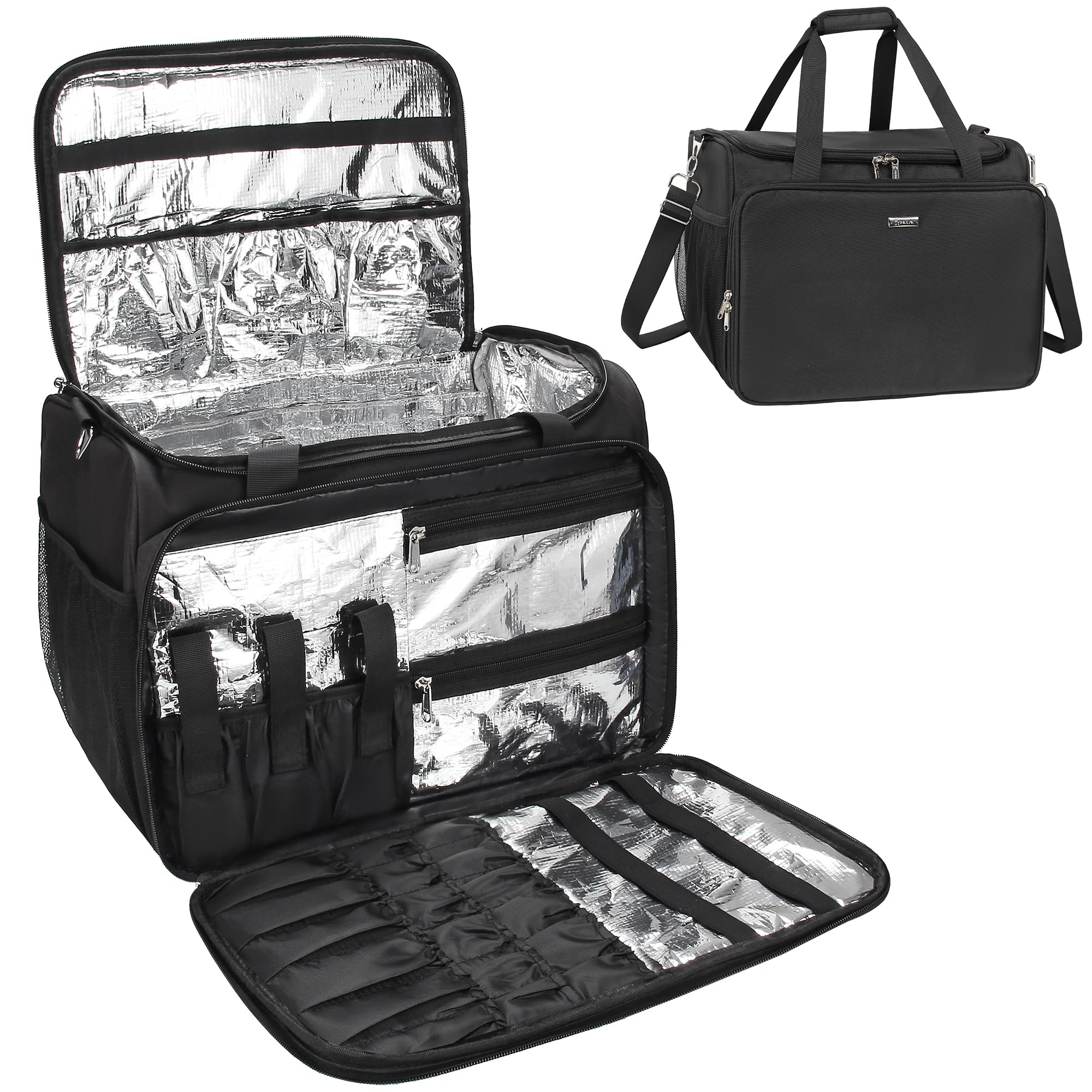 MONSTINA hairdressing bag front view shows organized storage for on-location setups
