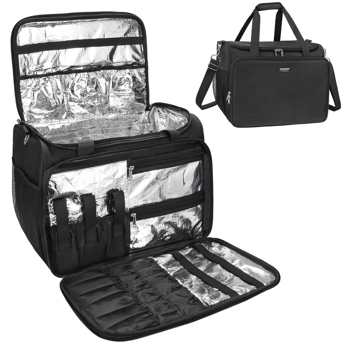 MONSTINA hairdressing bag front view shows organized storage for on-location setups
